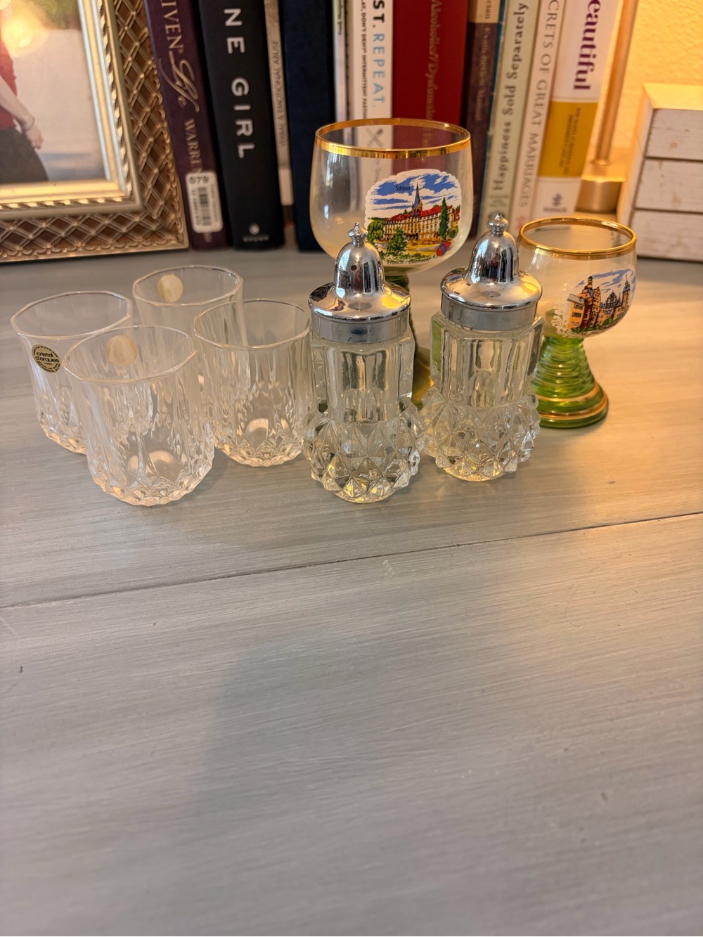 Cut Crystal Salt & Pepper Shakers with Glasses and Decor Goblets